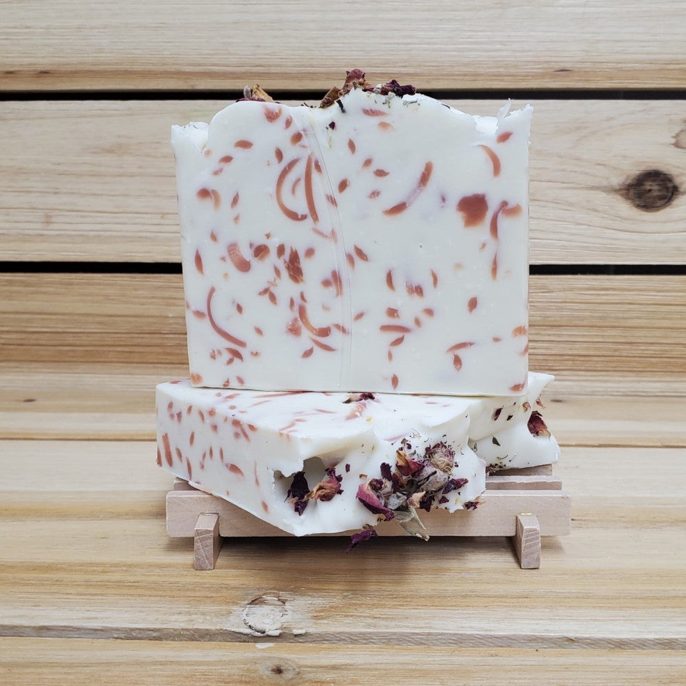 2 Blooming Rose Soap Bars on wood  dish