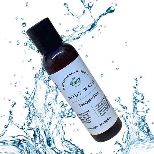 Eucalyptus Mint Body Wash with water splash background