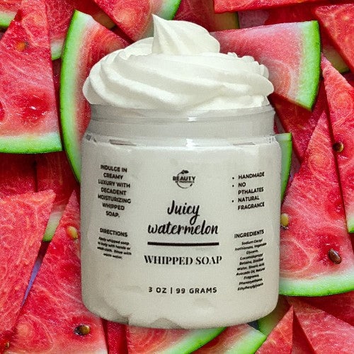 Juicy Watermelon Whipped Soap in front of  cut watermelon slices