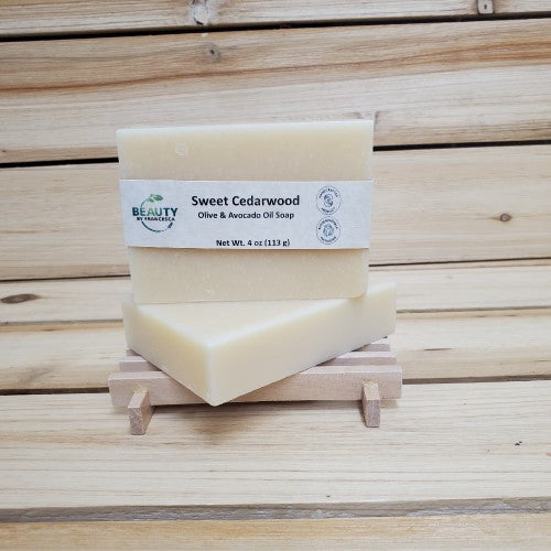 Sweet Cedarwood Soap 2 bars wood background