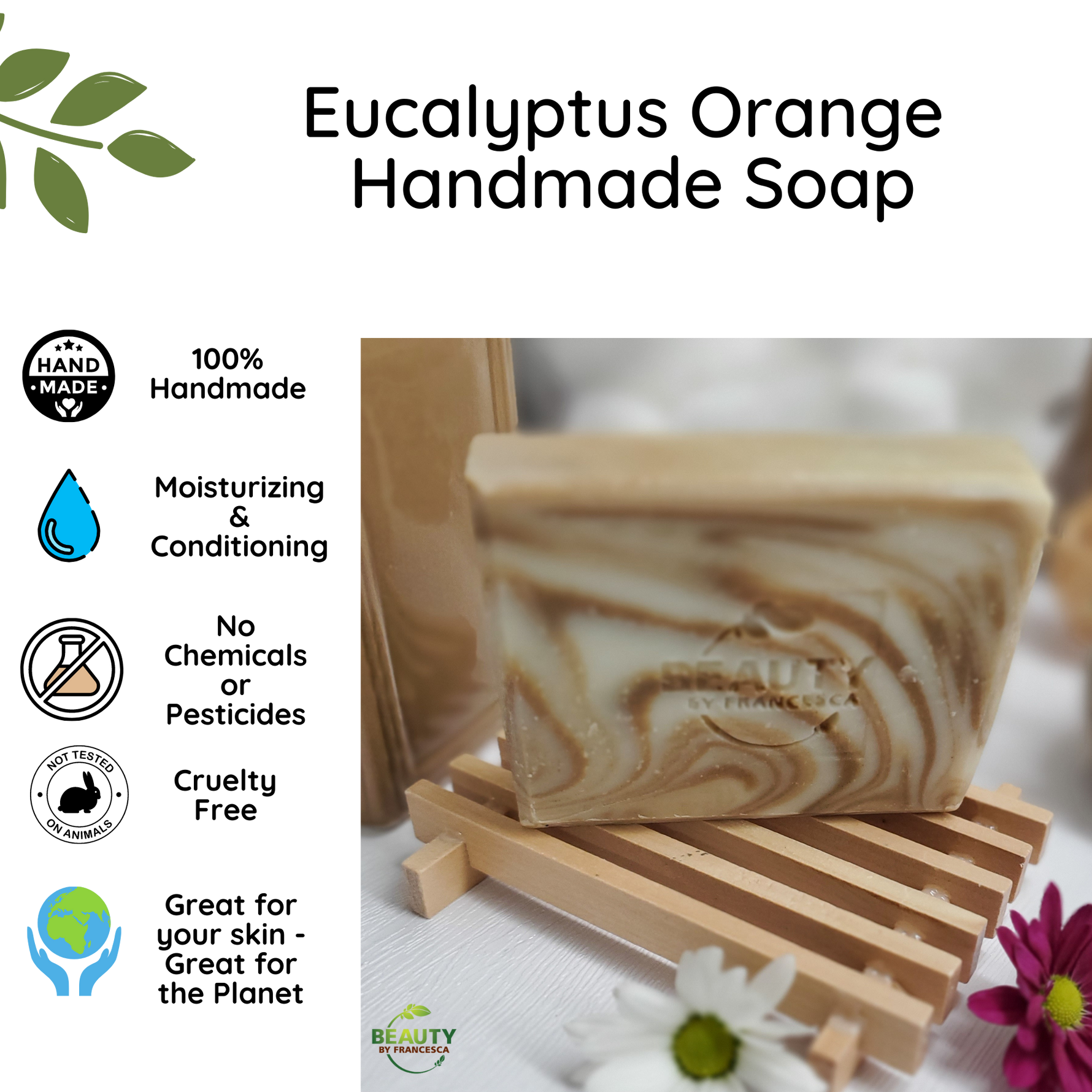 Eucalyptus Orange Handmade Soap Benefits Card Great for skin and planet no chemicals