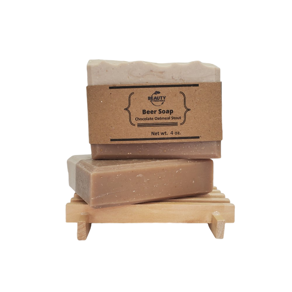 Handmade Natural Beer Soap Bar - Chocolate Oatmeal Stout - 2 bars on wood soap dish