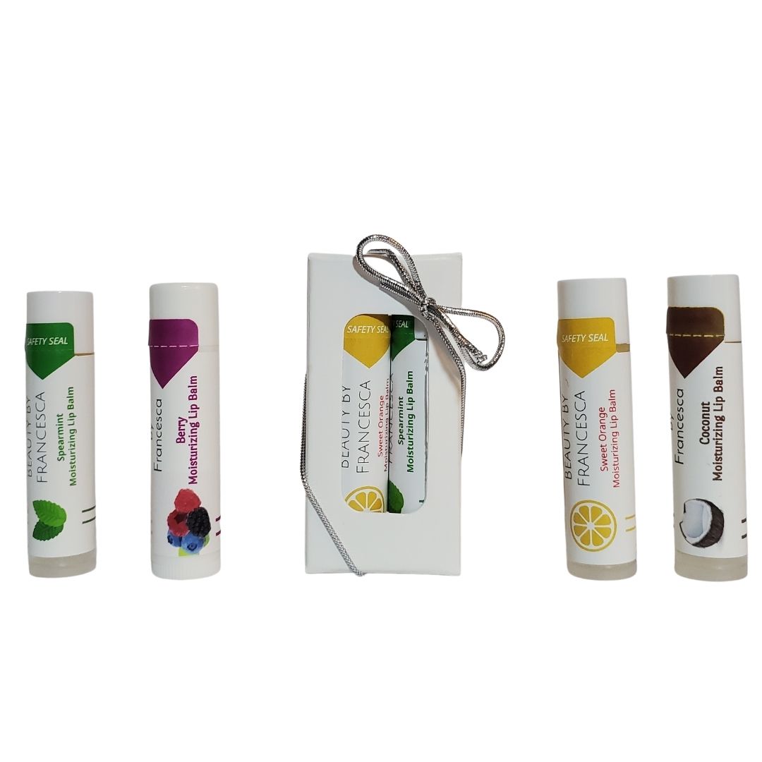 Lip Balm Duo gift set displayed with spearmint, berry, coconut and sweet orange lip balms